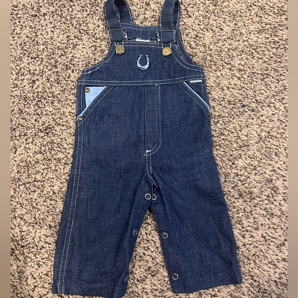 Vintage 90s Kids Dark Blue Denim Overalls with Horseshoe Accent